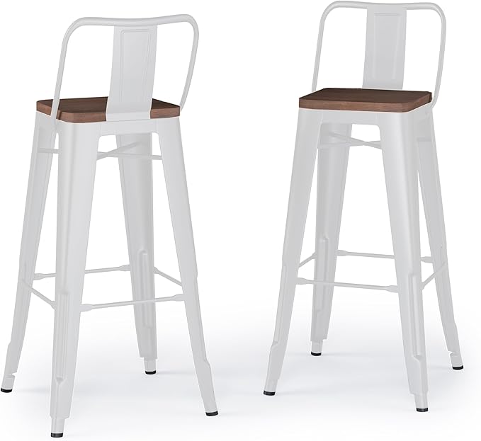 SIMPLIHOME Rayne Industrial Metal 30 inch Metal / Wood Bar Stool (Set of 2) in White for the Dining Room and Kitchen