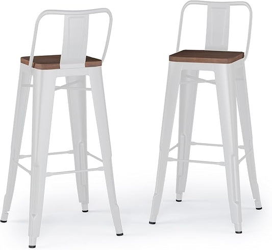 SIMPLIHOME Rayne Industrial Metal 30 inch Metal / Wood Bar Stool (Set of 2) in White for the Dining Room and Kitchen