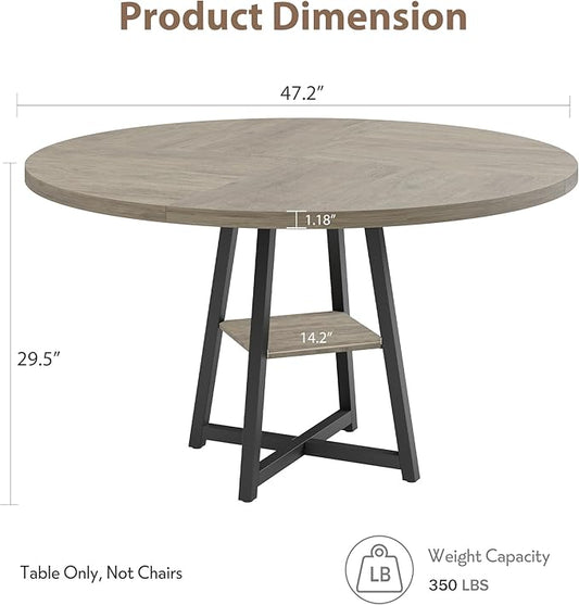 Garvee 47.2 in Round Dining Table for 4-6 People, Industrial Round Kitchen Table with Sturdy Metal Pedestal Base & Storage Shelf, Circle 4 Dinner Table for Dinner, Kitchen, Dining Room