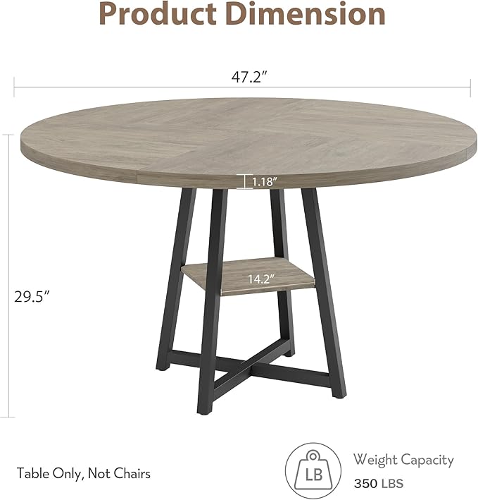 GAOMON 47" Round Dining Table for 4-6 People, Wooden Circle Kitchen Table with Storage Shelf, Industrial Dining Room Table for Kitchen, Dining Room, Save Space
