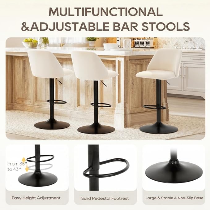 COLAMY Adjustable Fabric Bar Stools,360° Modern Swivel Counter Height Chairs with Soft Cushioned Seat & Stable Metal Base for Dining Room & Kitchen Island,Set of 2,250LBS