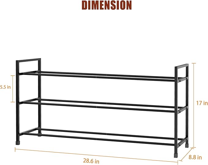 3-Tier Shoe Rack Storage Organizer for Closet, Small Space, Front Door, Sturdy Metal, Black