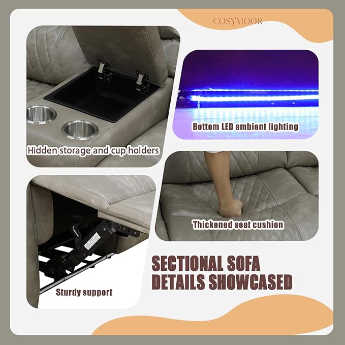 Power Recliner Sectional Sofa with LED Light for Living Room, Grey Air Leather Reclining Sofa Corner Sectional Couches Set, Cup Holder, Storage Console for Home Theater Seating, Grey