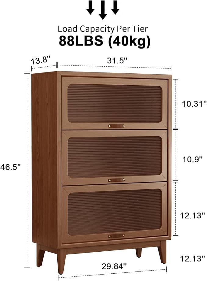AQIMUELE Solid Wood Bookcase with Glass Doors, 3 Shelf Bookshelves and Bookcases, Mid Century Modern Bookshelf with Glass Doors, Kitchen Pantry Cabinet (Walnut, 31.5" W)