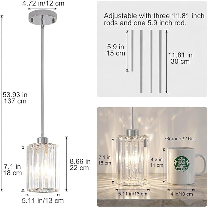 Chrome Pendant Lights, 2 Pack Modern Crystal Hanging Pendant Light Fixtures, Mini Crystal Island Lights for Kitchen Island, Dining Room, Hallway, Foyer, Entryways