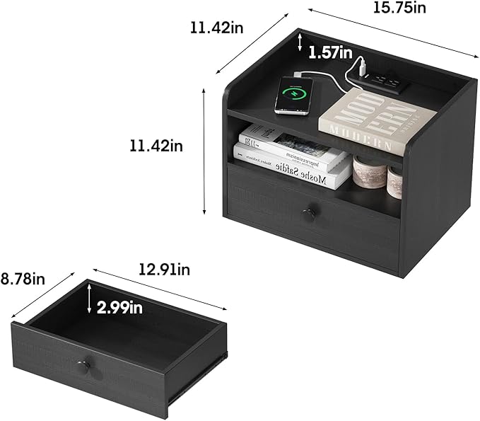 Floating Nightstand Set of 2 Modern Night Stands with Drawer and Open Shelf Cubby Small Bedside End Table with Charging Station Wall Mounted Nightstands Set 2 for Bedroom Black