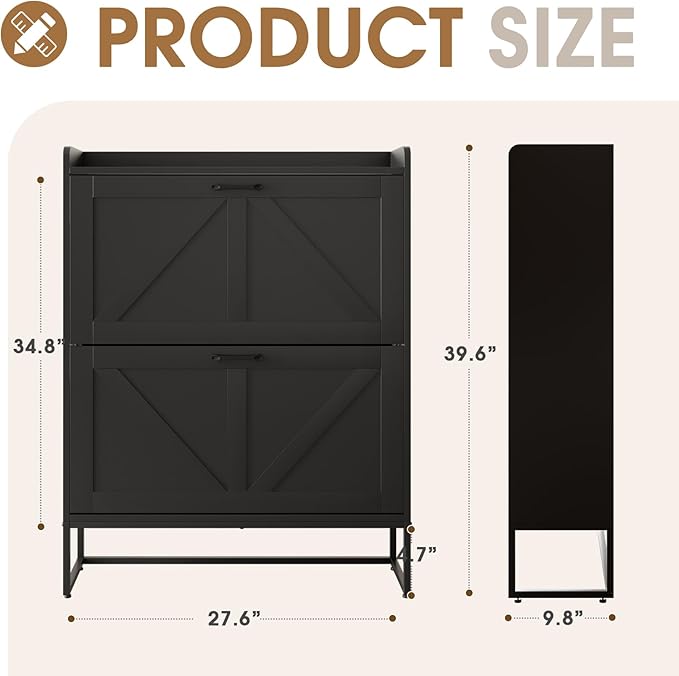 Shoe Cabinet, Shoe Storage Cabinet with 2 Flip Drawers & Adjustable Shelf, Space-Saving Shoe Organizer – Holds 16+ Pairs, Narrow Shoe Cabinet Storage for Entryway/Hallway（Black）
