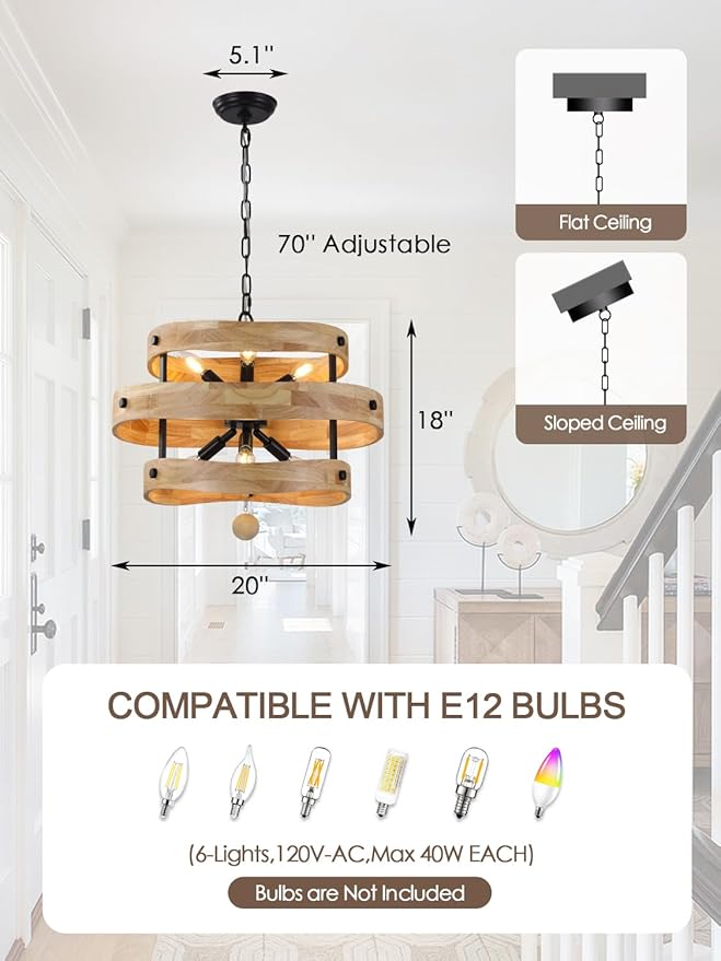 20" Farmhouse Chandelier with Light, 6-Light Rustic Drum Chandelier Over Table, Wood Dining Room Light Fixtures for Kitchen Island Living Room Entryway