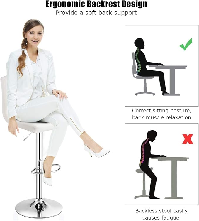 COSTWAY Adjustable Bar Stools Set of 4, Modern Swivel PU Leather Bar Chair with Backrest, Soft Cushioned Seat, Footrest, Sturdy Metal Frame, Comfortable Barstools for Kitchen Island, Pub, White