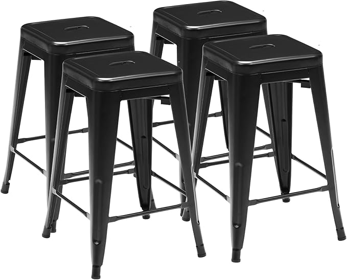 Sweetcrispy Metal Bar Stools Set of 4, 24 Inch Stackable Restaurant Classic Trattoria Metal Chairs, Backless Counter Height Barstool Chairs for Dining Room, Kitchen Island, Indoor Outdoor Use, Black