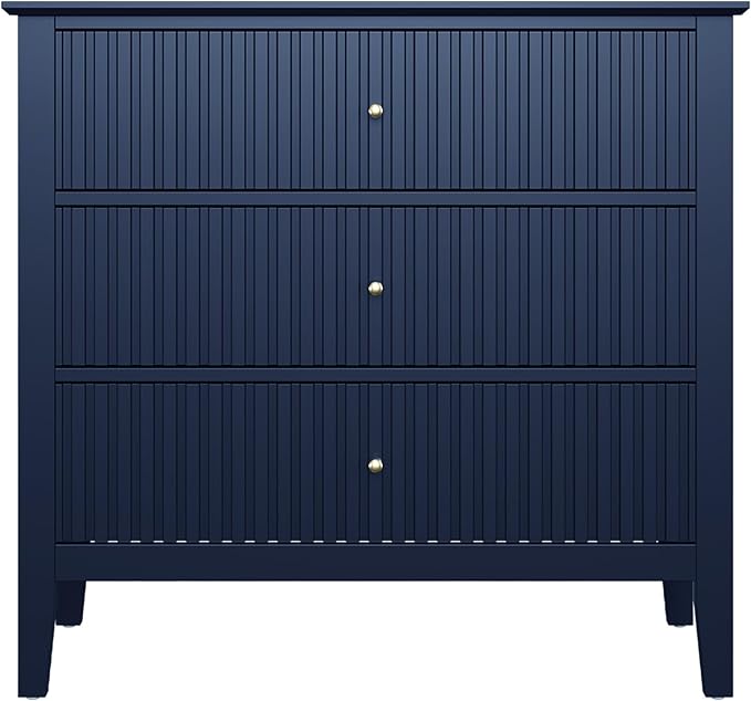 Large Blue Fluted 3 Drawer Dresser Set of 2, Chest of Drawers with Ball Bearing Slide Modern 30 inch Tall Wood Nightstand with Spacious Storage for Bedroom Hallway Living Room Entryway