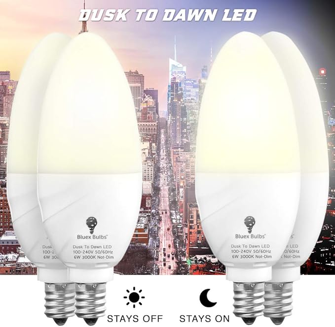 6 Pack BlueX Dusk to Dawn LED Bulbs, 6W E12 Base Light Bulb - 65W Equivalent – 3000K WarmLight White - Smart Light Sensor Candelabra Bulb, Home Security, Driveway, Yard, Porch Lighting