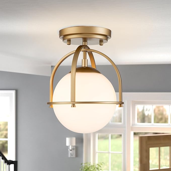 Gold Semi Flush Mount Ceiling Light 8.7" Milk Glass Globe Ceiling Light Fixture Mid Century Modern Small Chandelier for Hallway Kitchen Bedroom or Schoolhouse Light Fixture