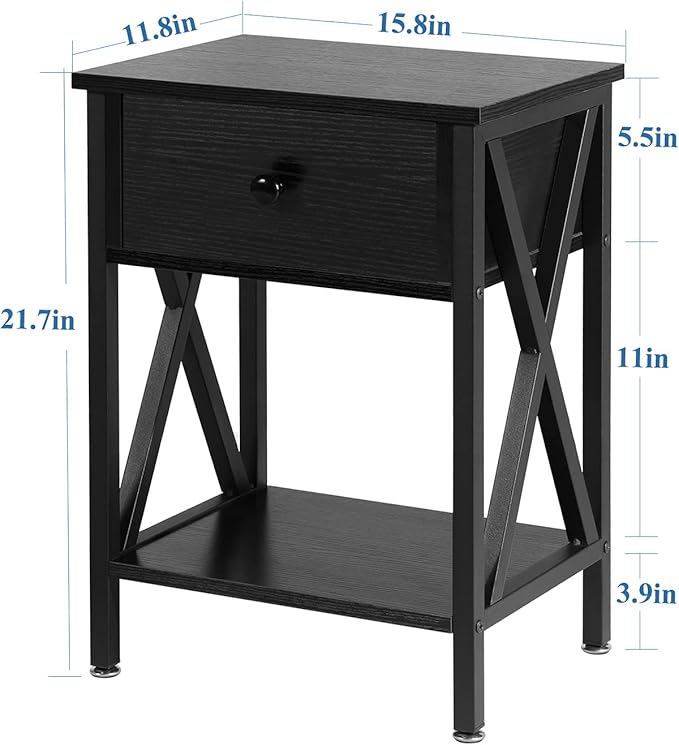 VECELO Nightstands Set of 2,End Tables with Storage Shelf&Fabric Drawer,Side Tables for Bedroom,Living Room,Small Spaces,Black
