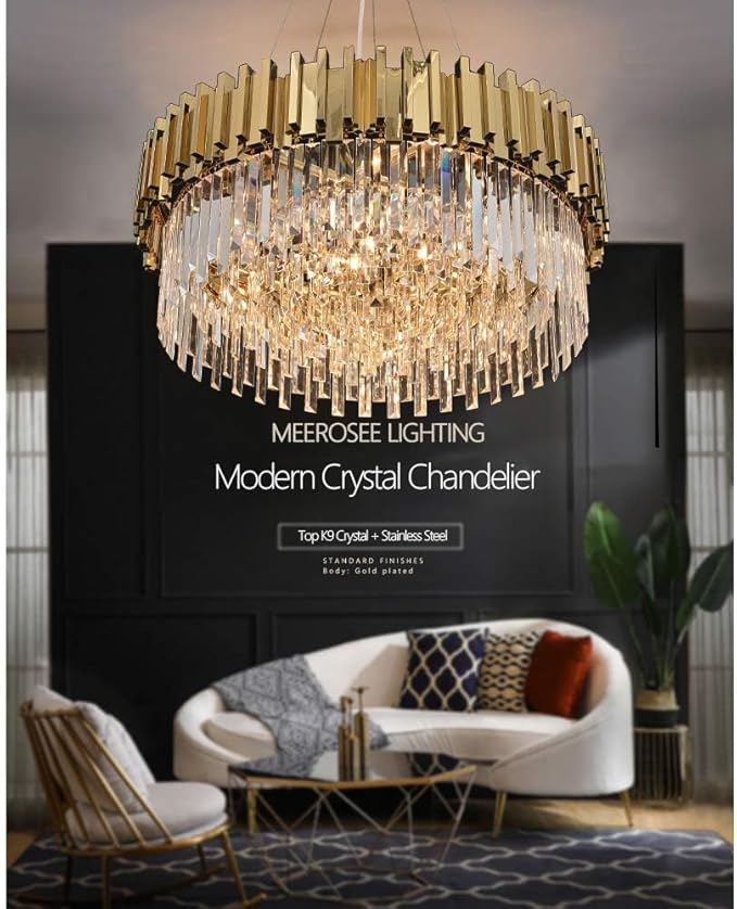 Modern Crystal Chandelier Lighting Round Gold Pendant Lights Fixture with Stainless Steel Shade Island Chandeliers Ceiling Dining Room Living Room Contemporary Kitchen Dimmable 12-Lights
