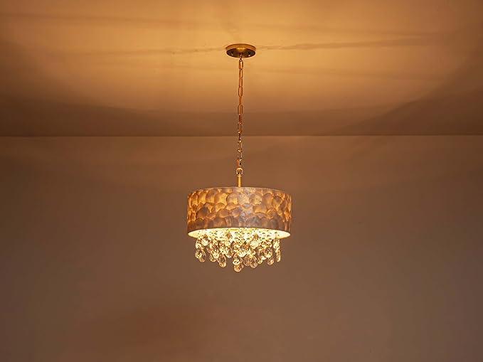Medium Size 4-Light Drum Capiz Shell Crystal Chandeliers, Coastal Style Pendant Light Fixture for Dining Room, Living Room, D16 x 20~67"(Adjustable), Shell Lampshade & Gold Finish