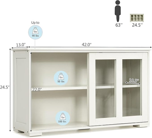 Byroce Sideboard Buffet Cabinet, Stackable Storage Coffee Bar Cabinet w/Adjustable Shelf & Glass Sliding Doors, Wood Cupboard Credenza Console Table for Kitchen Dining Living Room (1, Antique White)
