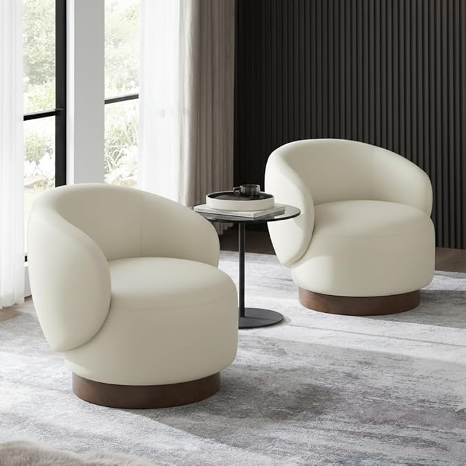 Swivel Accent Chair Modern Round Barrel Armchair with Upholstered Faux Leather for Living Room Bedroom Waitingroom,2 Box,Cream