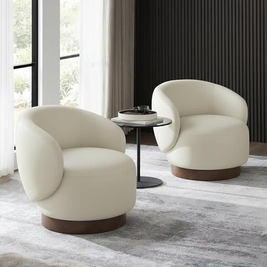 Swivel Accent Chair Modern Round Barrel Armchair with Upholstered Faux Leather for Living Room Bedroom Waitingroom,2 Box,Cream