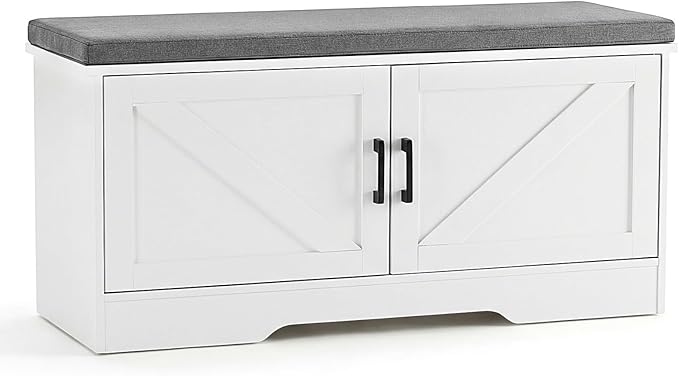 NEWBULIG 2-Tier Storage Bench, 39" Wide Shoe Bench with Padded Seat Cushion, Entryway Bench with 4 Barn Doors and Adjustable Shelf, White