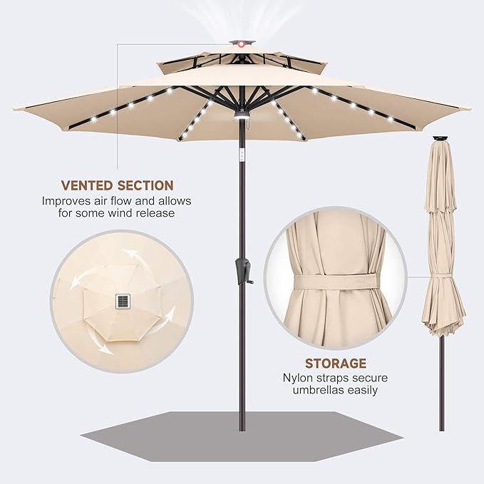 9ft Solar Umbrella Outdoor - 2 Tiers Lighted Solar Patio Umbrella with 40 LED Lights Waterprool UV Protection, Table Umbrella with Tilt for Pool, Porch, Garden, Backyard (Beige)