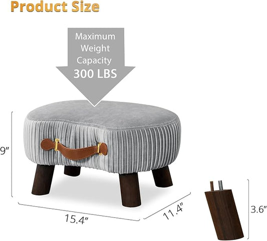 LUE BONA Small Curved Foot Stool with Handle, Gray Velvet Footstool and Ottomans, Modern Foot Rest with Wooden Legs, Step Stool with Padded Seat for Couch, Living Room