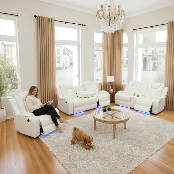 Power Recliner Sofa Set, Breathing Leather Reclining Couch Set, 3 Piece Living Room Furniture Set with LED Lights/Charging Ports/Storage for Home/Office (Creamy White, Sofa+Loveseat+Chair)