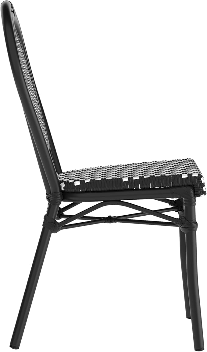 Flash Furniture Lourdes Indoor/Outdoor Commercial Thonet Bistro Stack Chair - Black/White PE Rattan Back and Seat - Black Metal Frame - Set of 4