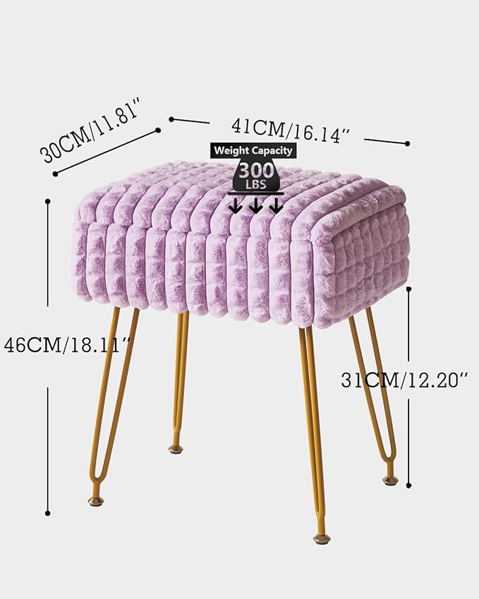 IBUYKE Rectangle Vanity Chair with Storage Space, Footrest Footstool Ottoman, Vanity Stool, Dressing Table Chair, with Anti-Slip Feet, for Makeup Room, Bedroom, Square Grid Pattern, Purple WBD004V