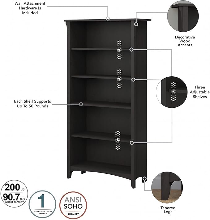 Bush Home Salinas Tall 5 Shelf Bookcase - Set of 2 in Vintage Black, Vertical Office Storage, Bookshelves for Home Workspace, Multi-Purpose Shelving Units