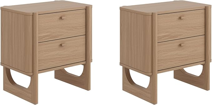 Nathan James Solace Mid Century Modern 2 Drawer Nightstand with Solid Wood Frame and Rounded Details, Raw Oak Set of 2