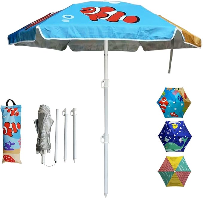 LOTTAFUN Water Table Umbrella Kid 5ft Beach Umbrella - Heavy Duty Wind Resistant UV 50+ Portable Sun Shade with Sand Anchor & Carry Bag, Outdoor Folding Umbrella for Beach,Pool,Patio,Garden (Fish)
