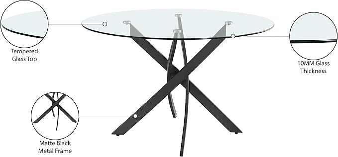 Meridian Furniture 986-T Xander Collection Modern | Contemporary Dining Table with Matte Black Metal Base, 48" Round Tempered Glass Top, 10MM Glass Thickness, 48" W x 48" D x 30" H, Black