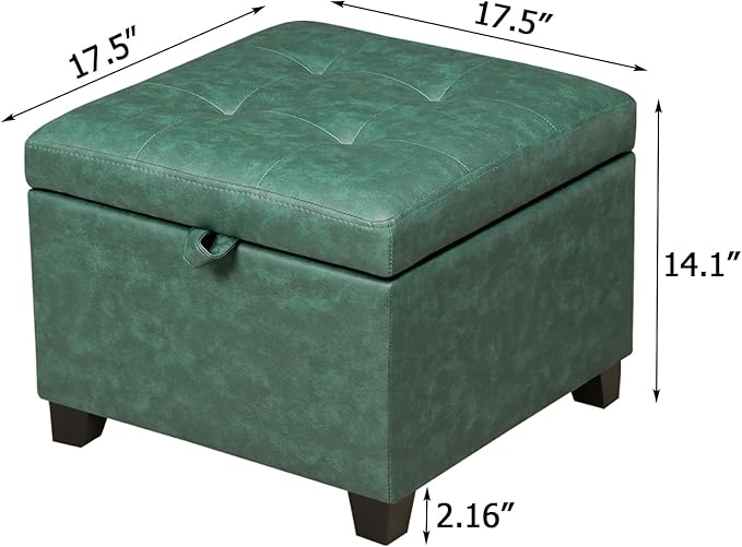 Adeco Faux Leather Storage Ottoman, 14-inch Square Cube Footrest Stool for Living Room & Bedroom, Upholstered Vanity Seat with Solid Wood Legs and Hinged Lid, Dark Green