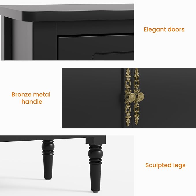 RoyalCraft Buffet Cabinet with 3 Drawers & 2 Doors, Vintage Sideboard with Storage, Mid Century Modern Painted Coffee Bar Table for Entryway, Living Room, Dining Room, Black