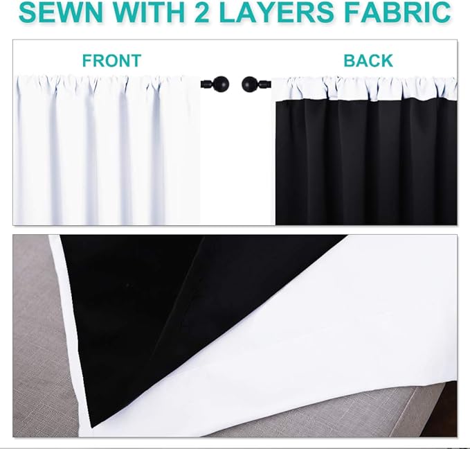 NICETOWN White Kitchen 100% Blackout Curtains 48 inches Long, Completely Blackout Window Treatment Thermal Insulated Lined Drapes for Small Window (1 Pair, 37 inches Width Each Panel)