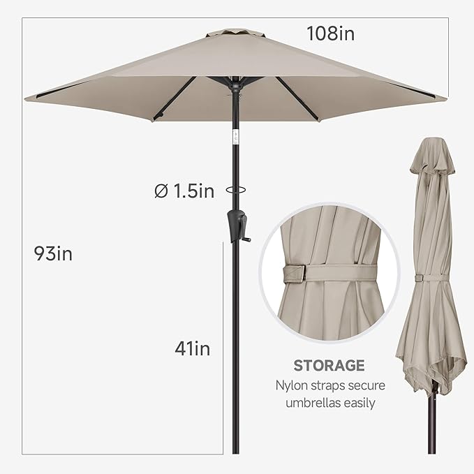 FLAME&SHADE 9ft Patio Umbrella Outdoor - Table Umbrella with Push Button Tilt and Crank, UV Protection, 6 Sturdy Ribs, Market Umbrella for Garden, Deck, Backyard, Lawn, Pool and Beach(Taupe)