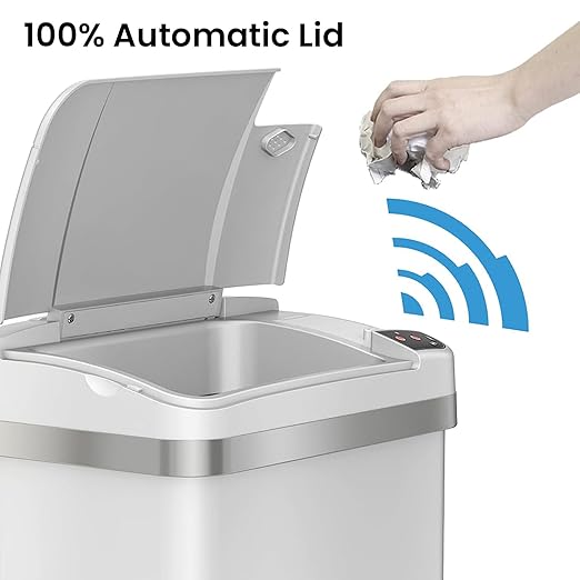 iTouchless 2.5 Gallon Bathroom Trash Can with Odor Control, 10 L Automatic Motion Sensor Bin, Soft-Close Stainless Steel, Slim Wastebasket for Narrow Spaces, White