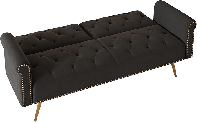 Convertible Futon Sofa Bed , Adjustable Sleeper Couch Modern Velvet Tufted Recliner Reversible Loveseat Folding Daybed Guest Bed Sofacama w/ Nailhead Trim and Golden Metal Legs for Living Room Office
