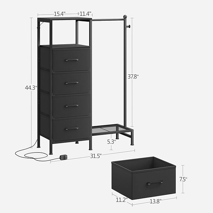 Dresser for Bedroom with Reversible Hanging Rack, 4 Drawers Dresser with LED Lights, Fabric Dressers with Open Shelf, Chest of Drawers with Clothes Rack, Kids Dressers for Bedroom, Black