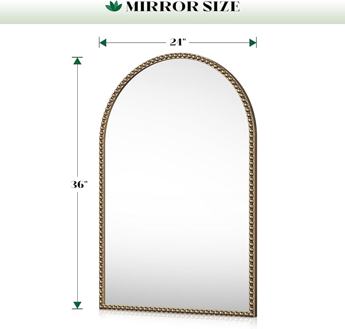 Beaded Mirror Gold Arched, 24"x36" Champagne Bronze Mirror for Bathroom, Antique Brass Beaded Mirrors with Metal Frame- Arch Vanity Wall Mirrors for Bedroom,Fireplace,Over Sink,Entryway