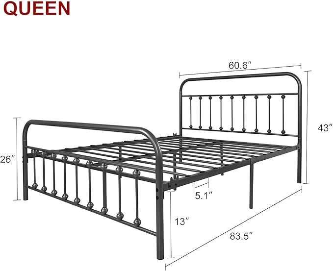 NEEBIRGELIA Metal Bed Frame Queen Size with Headboard and Footboard Single Platform Mattress Base,Metal Tube and Iron-Art Bed（Queen,Gray Silver）