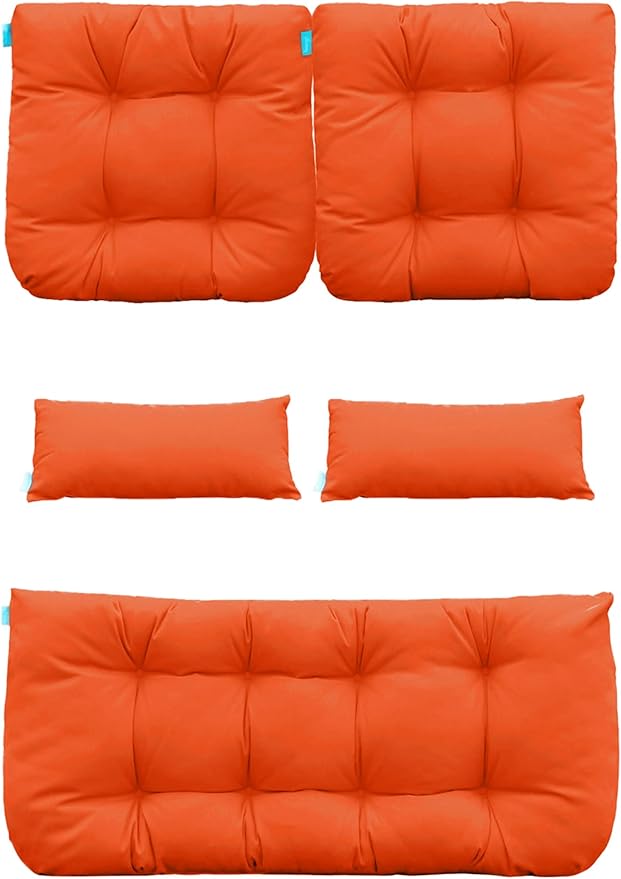 QILLOWAY Outdoor Patio Wicker Seat Cushions Group Loveseat/Two U-Shape/Two Lumbar Pillows for Patio Furniture,Wicker Loveseat,Bench,Porch,Settee of 5 (Orange)