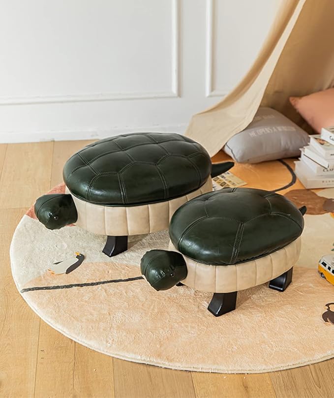 Animal Ottoman Footstool, Turtle Sofa Stool, PU Leather Upholstered Wood Ottoman Foot Stool (Color : Dark Green-S)