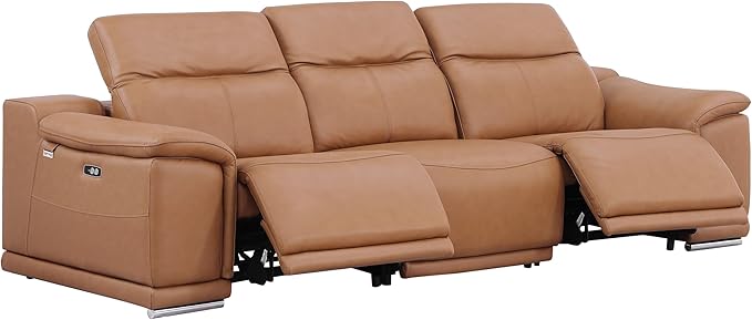 Blackjack Furniture Venice Top Grain Italian Leather Recliner 7 Seater 5 Power Reclining 3 Piece Sofa Set with Adjustable Headrests Modern Seating Sofa, Loveseat and Chair for Living Room , Cognac