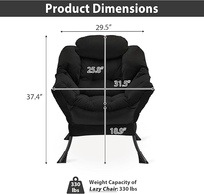 Lazy Chair Thick Padded, Comfy Velvet Accent Lounge Chair with Stable Frame, Leisure Sofa Armchair with Armrests and Side Pocket, Reading Chair for Bedroom, Living Room, Office, Black