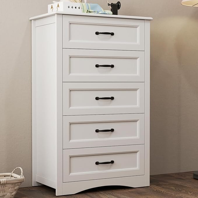 Gizoon 5 Drawer Dresser, White Wood Chest of Drawers for Bedroom, 43.3" Large Capacity Storage Cabinet with Anti-Tip Device, for Clothes, Living Room, Hallway, Office