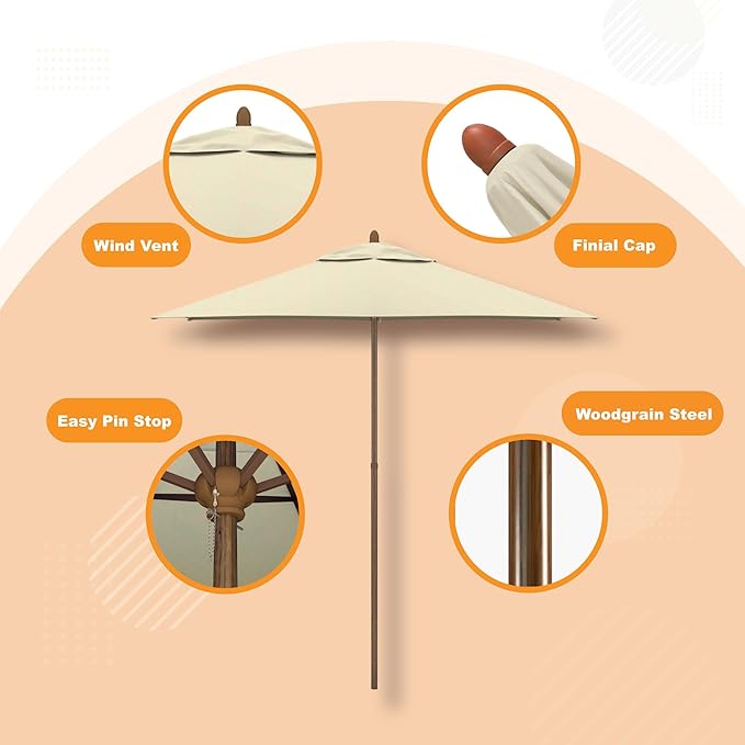 9' Rd Faux-Wood Market Patio Umbrella with Push Open Pin Stop, Antique Beige
