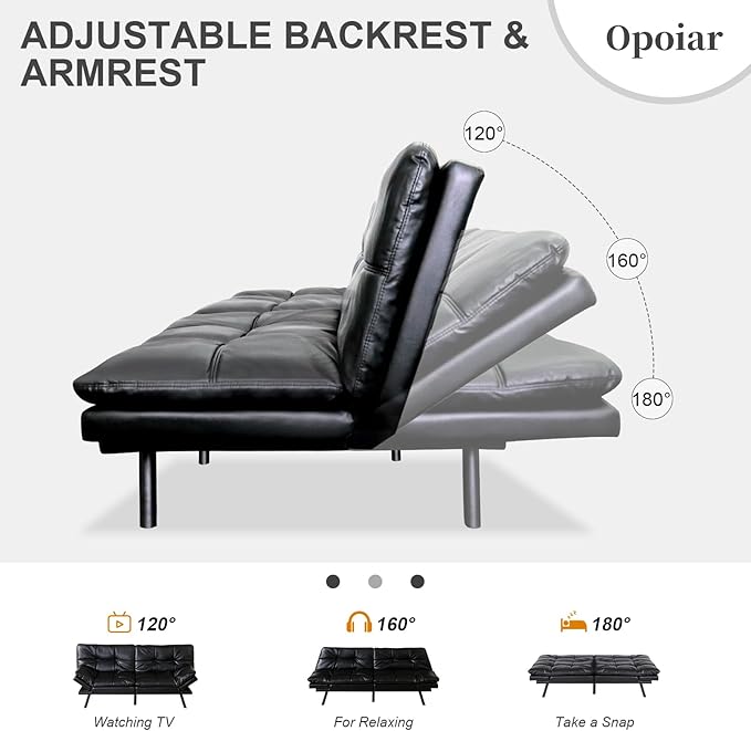 Opoiar Black Leather Futon Sofa Bed Convertible Memory Foam Couch Bed Futon Sets Folding Modern Sleeper Sofa Loveseat for Studio,Drom,Apartment,Game Room and Small Space