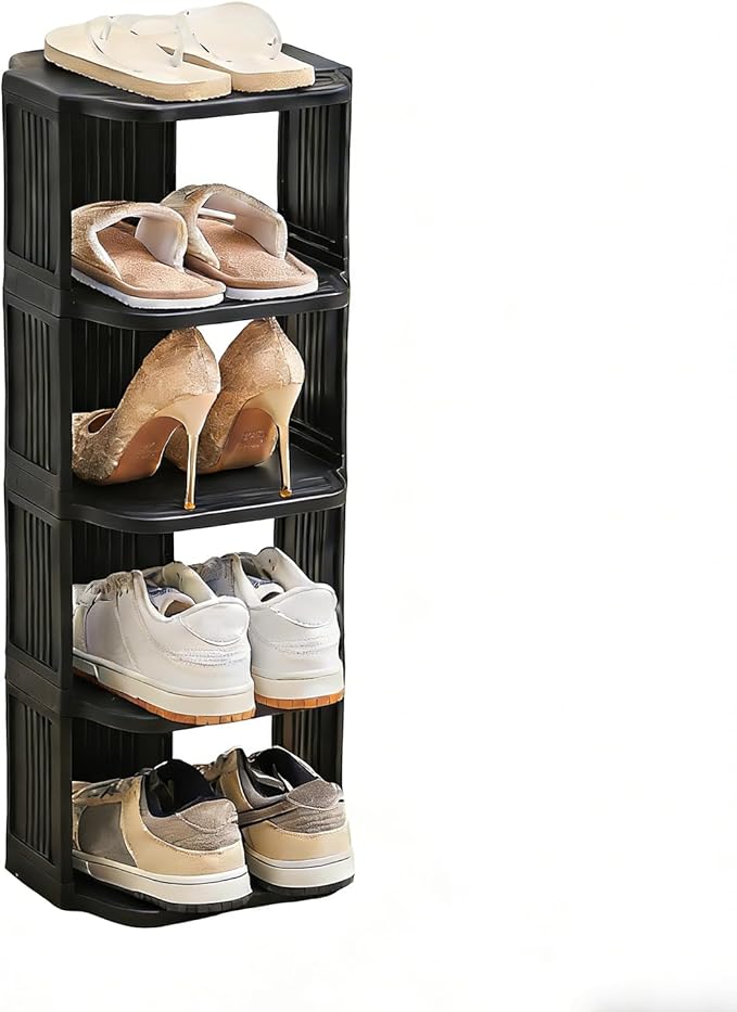 Small Shoe Rack, 5 Tier Plastic Vertical Shoe Rack for Small and Narrow Spaces, Free Standing Shoe Organizer for Closet, Entryway (Black)